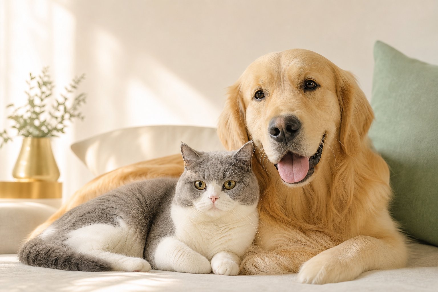 依偎在一起的猫与狗，宠洞品牌示意图